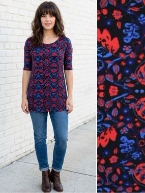 LulaRoe Women's XS Irma Tunic Black Red Blue Leaf Draped High Low Tee Top Shirt
